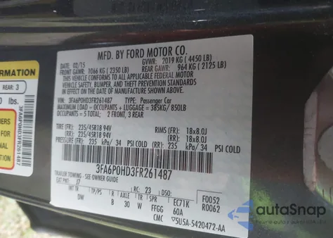 2015 Ford Fusion Se z USA, uszkodzony, nr VIN 3FA6P0HD3FR261487